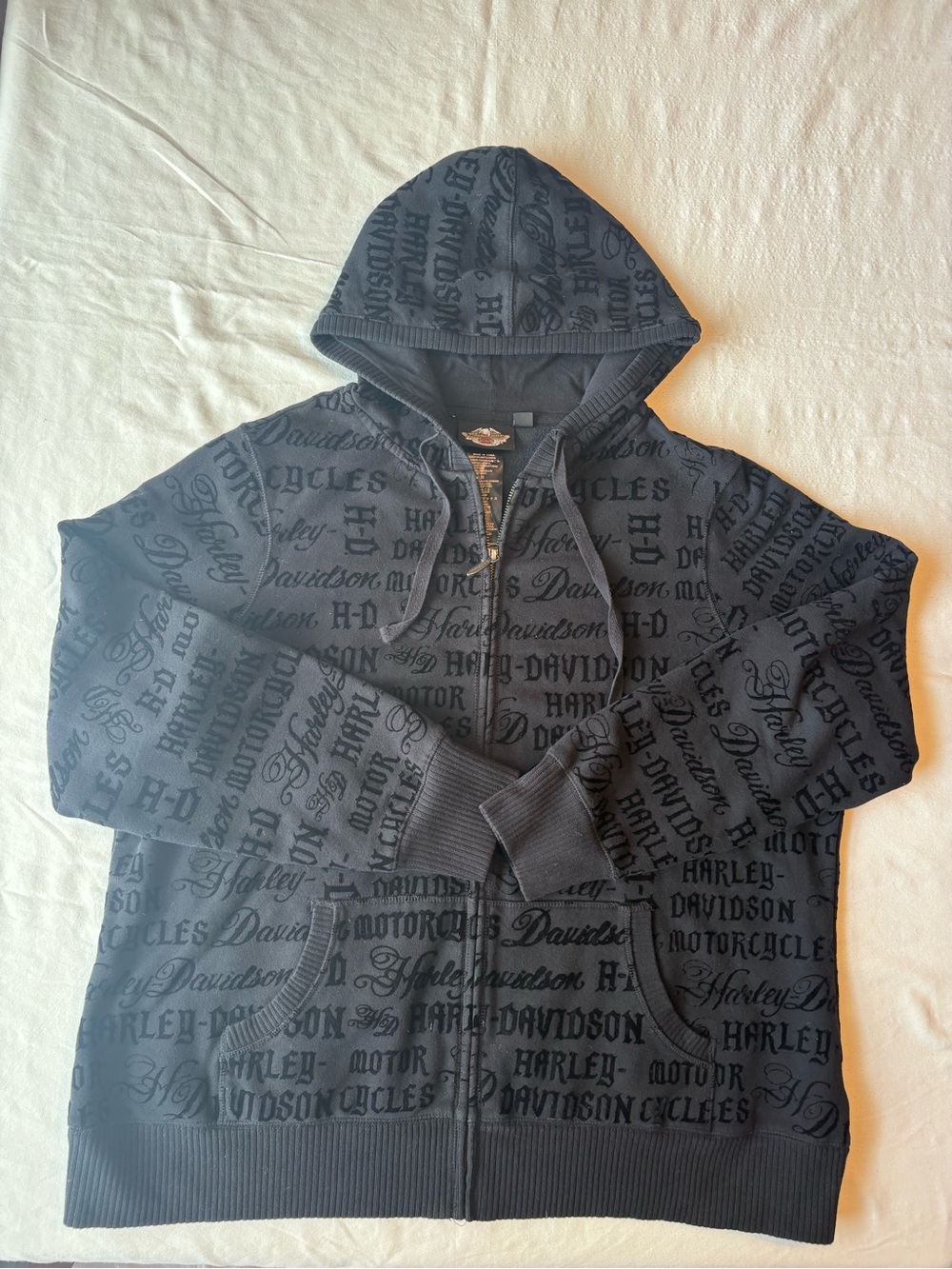 Harley-Davidson Black Velour Full Zip Hoodie All Over Print size 2W
